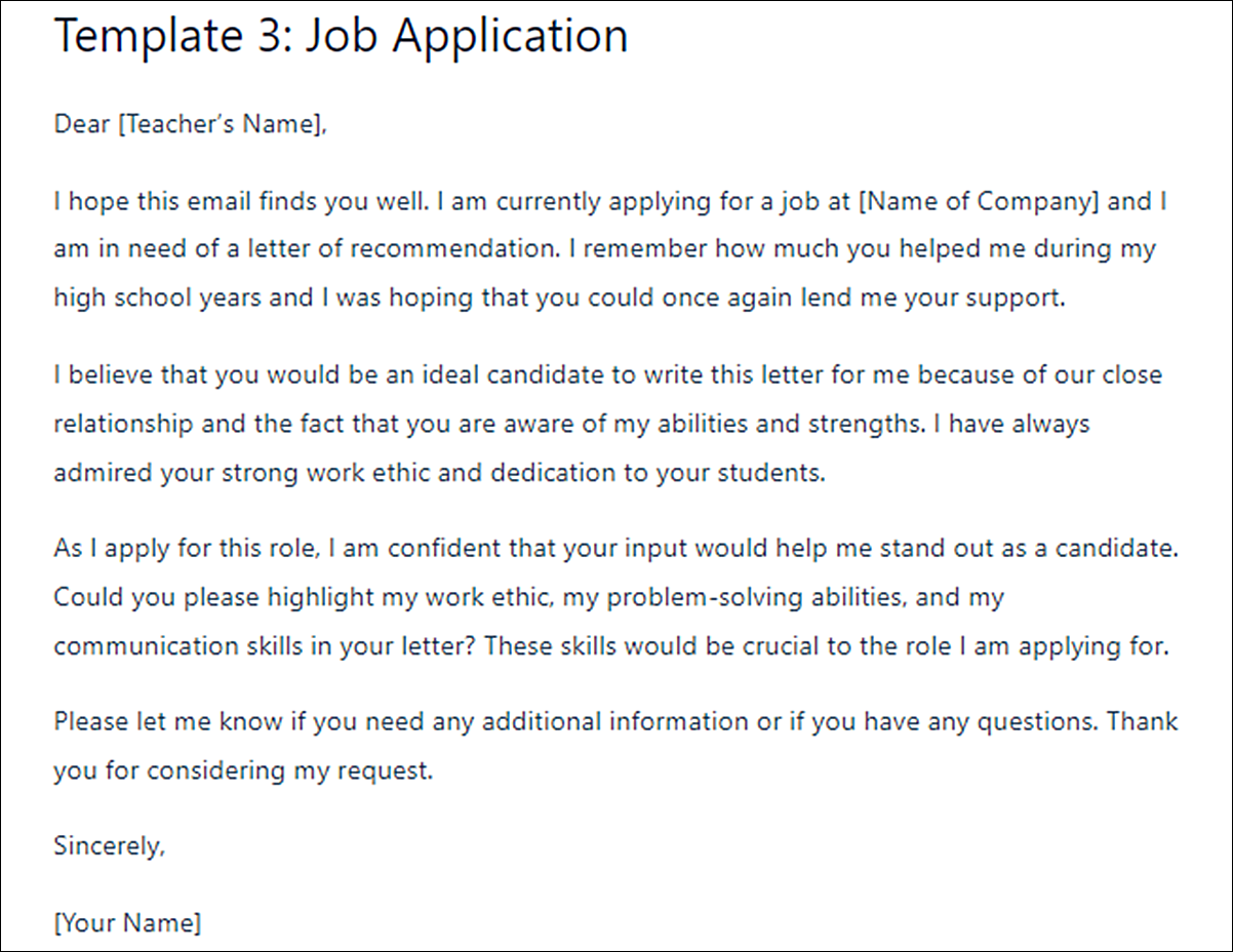 High School Student Requesting a Letter of Recommendation Template