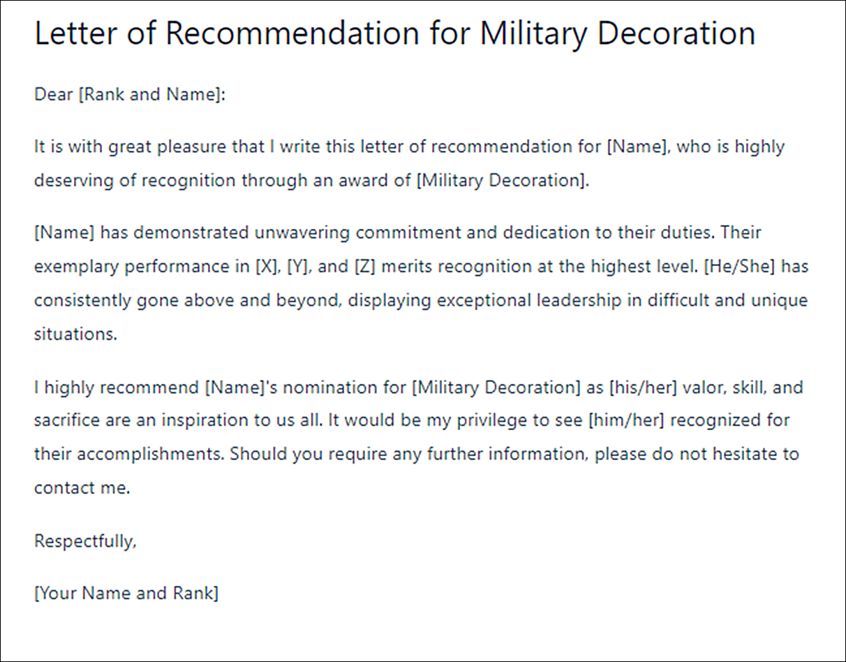 Letter of Recommendation Template for Army Personnel