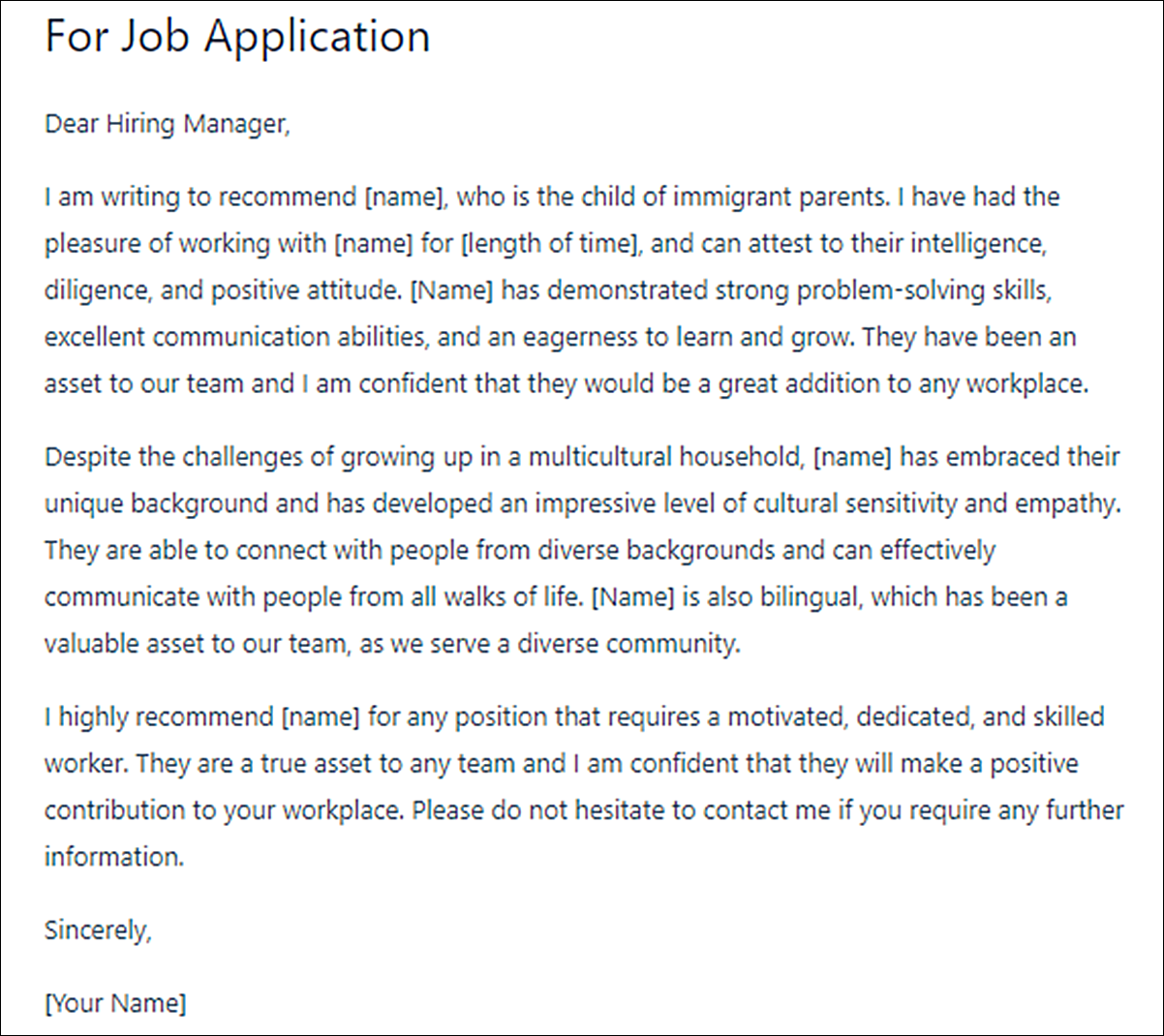 Letter of Recommendation Template for Child of Immigrant Parents
