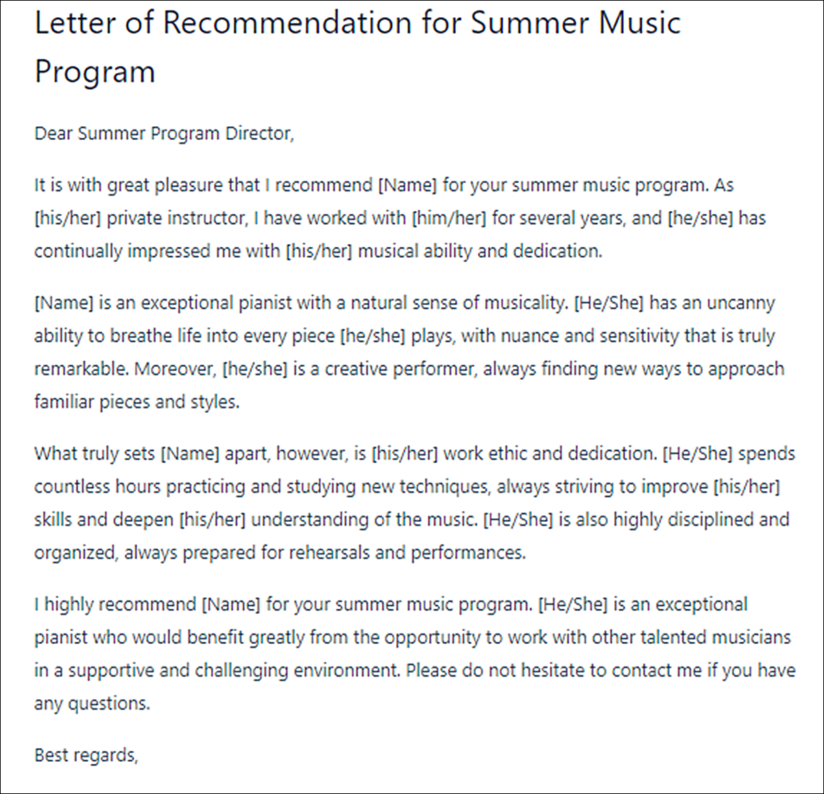 Letter of Recommendation Template for College for Pianist