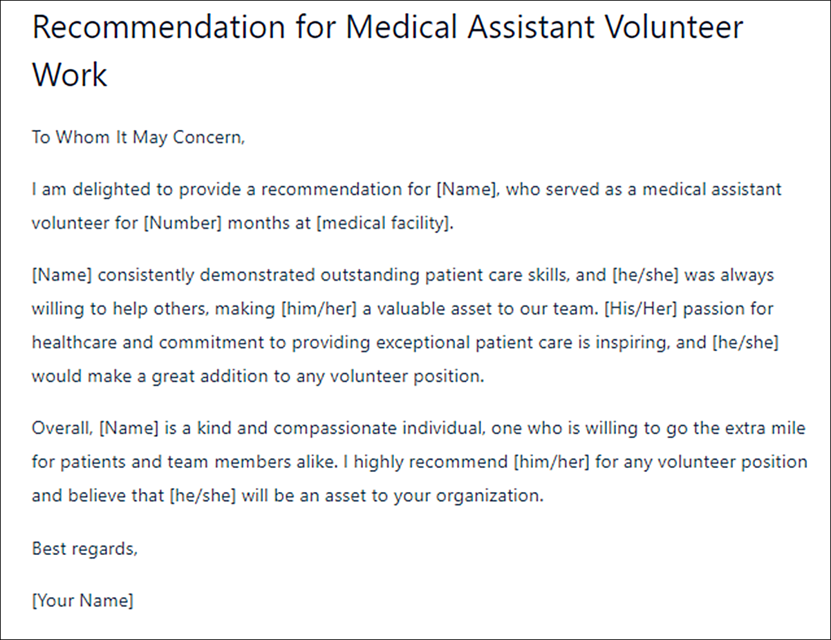 Letter of Recommendation Template for Medical Assistant