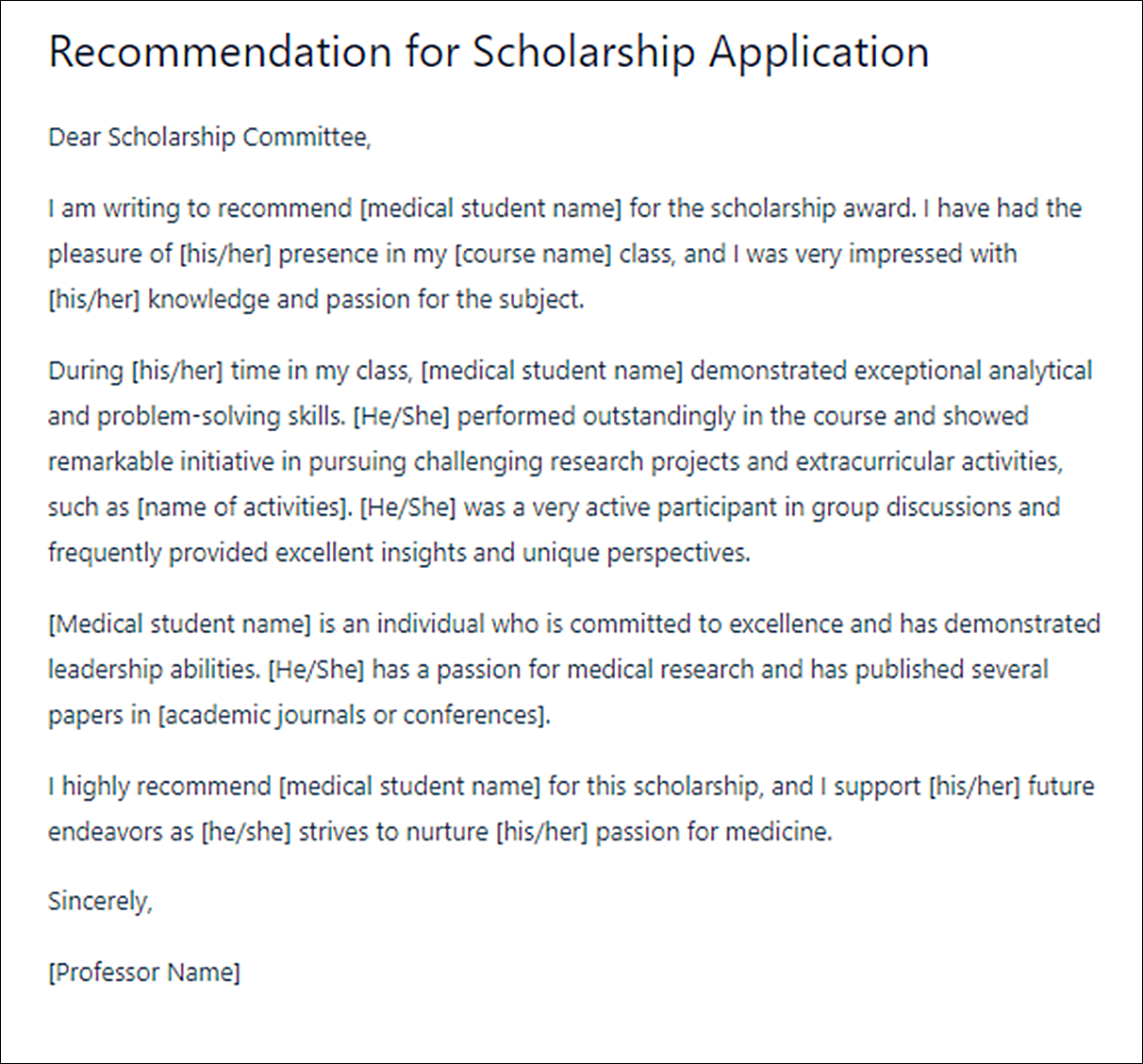 Letter of Recommendation Template for Medical Students
