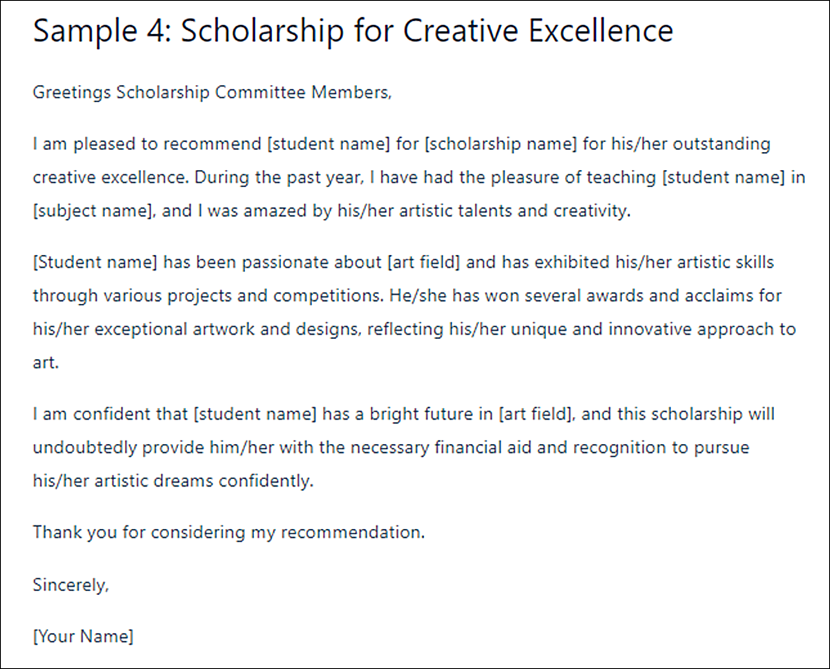 Letter of Recommendation Template for Scholarship from Teacher