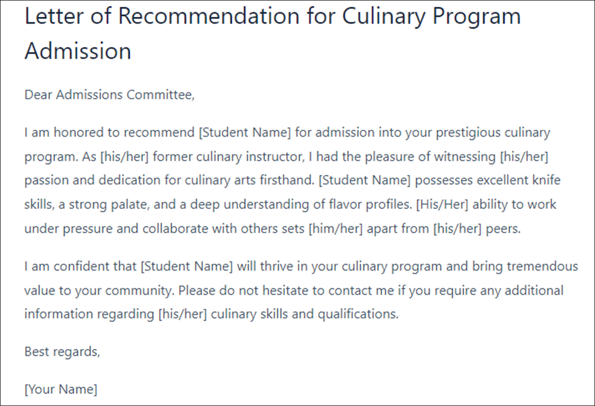 Letter of Recommendation Templates for Culinary School Applicants