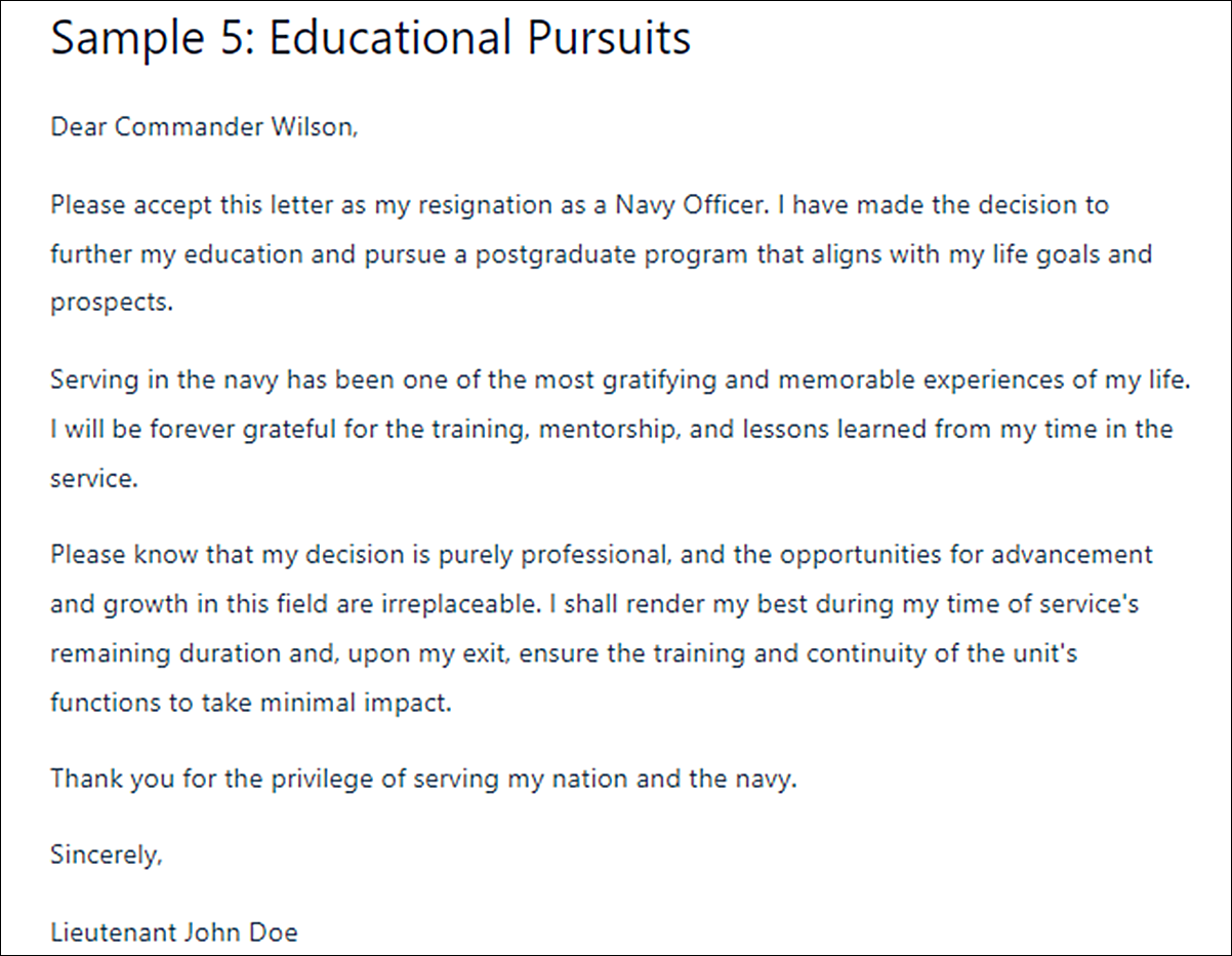 Navy Officer Resignation Letter Template