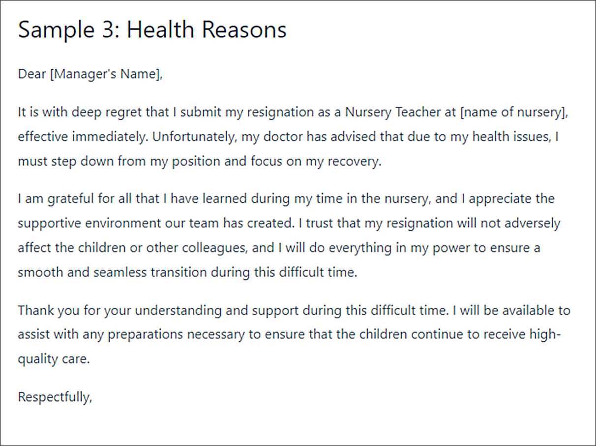 Nursery Resignation Letter Template