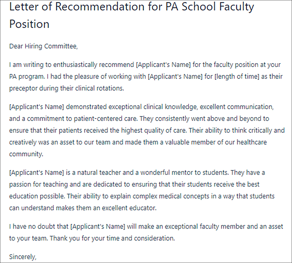 PA Letter of Recommendation Template