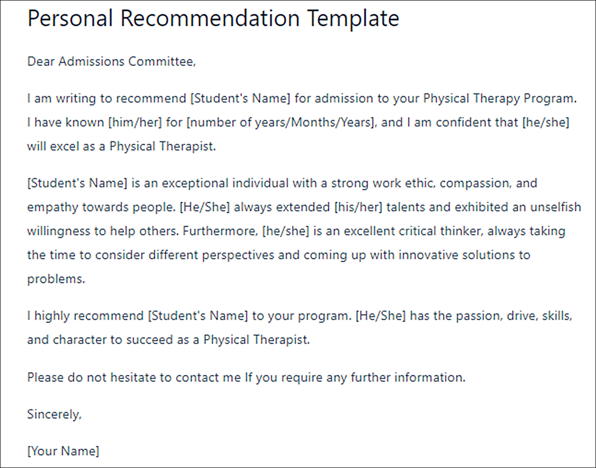 PTCAS Letter of Recommendation Template
