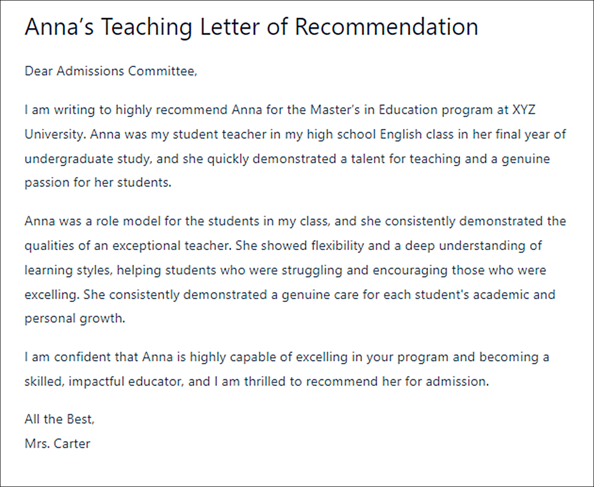 Teaching Letter of Recommendation Template