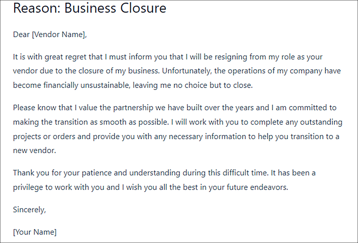 Vendor Resignation Letter Template