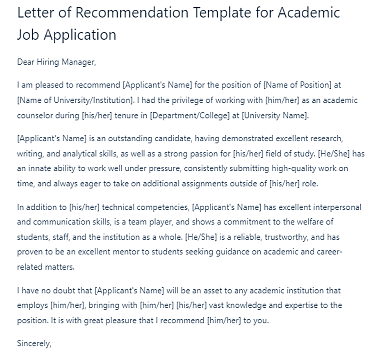 Academic Counselor Position Letter of Recommendation Template