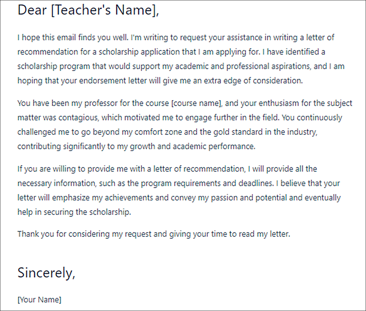 Asking a Teacher for a Letter of Recommendation Template