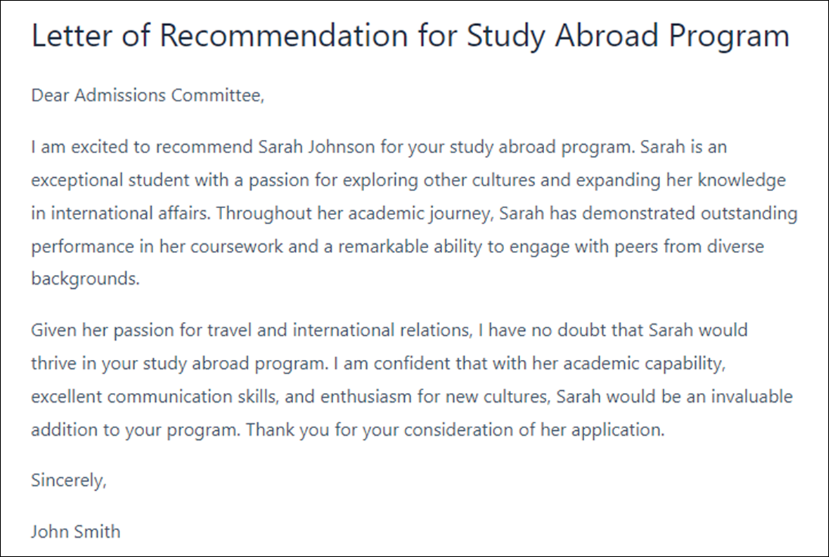 College Letter of Recommendation Template for Students