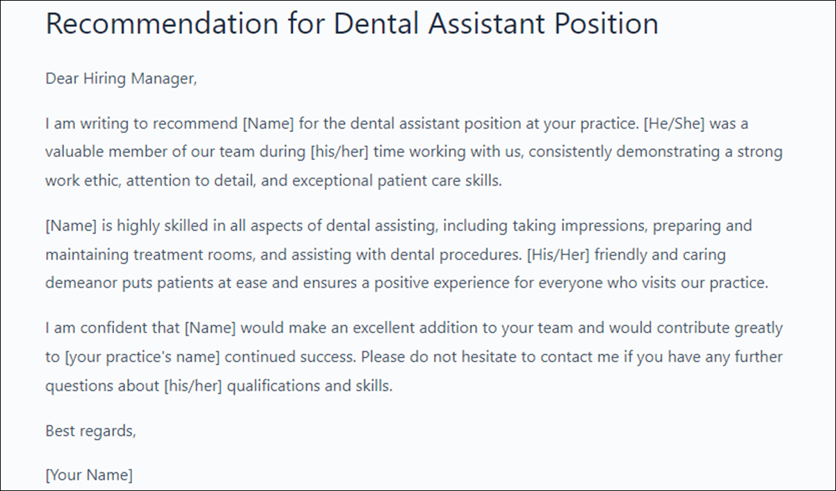 Dental Letter of Recommendation Template