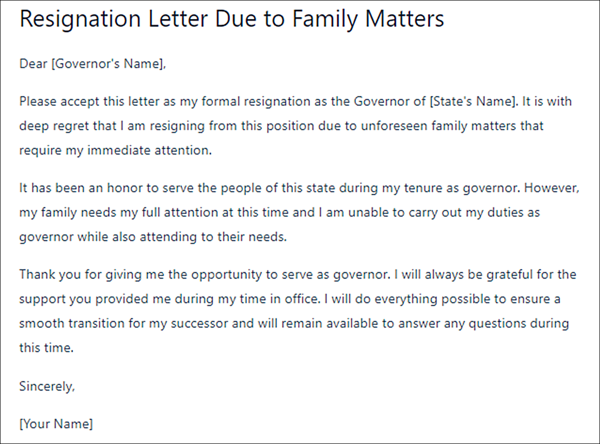 Governor Resignation Letter Template