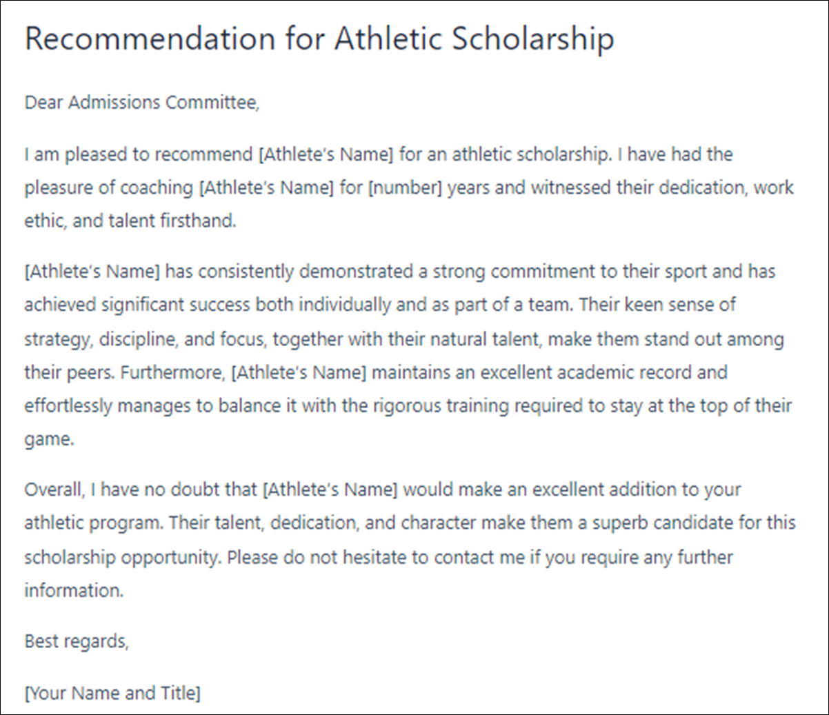 Letter of Recommendation Template for Athlete