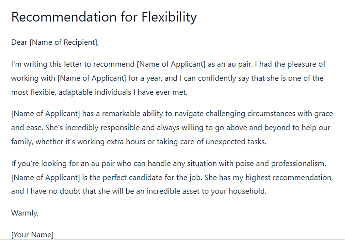 Letter of Recommendation Template for Au Pair