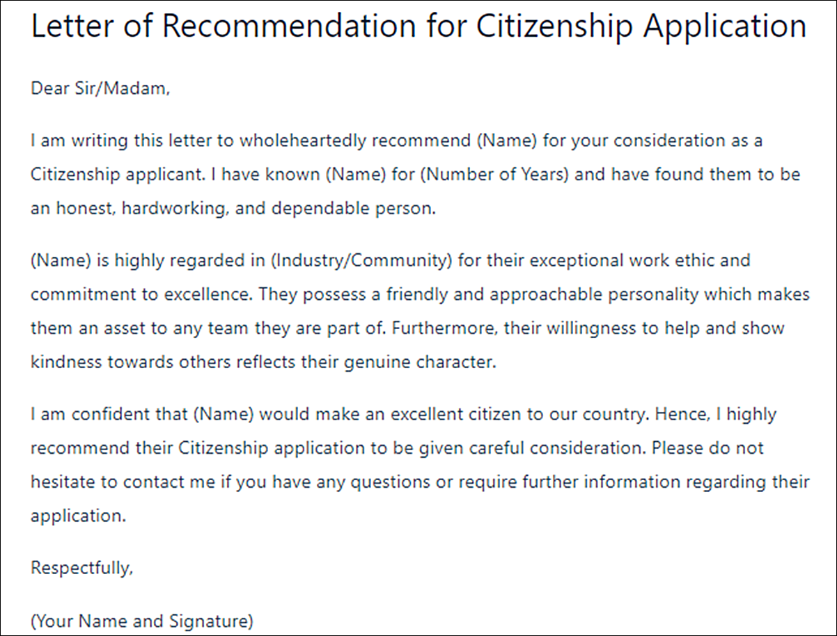 Letter of Recommendation Template for Citizenship Application