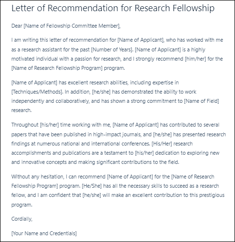 Letter of Recommendation Template for Fellowship Applications