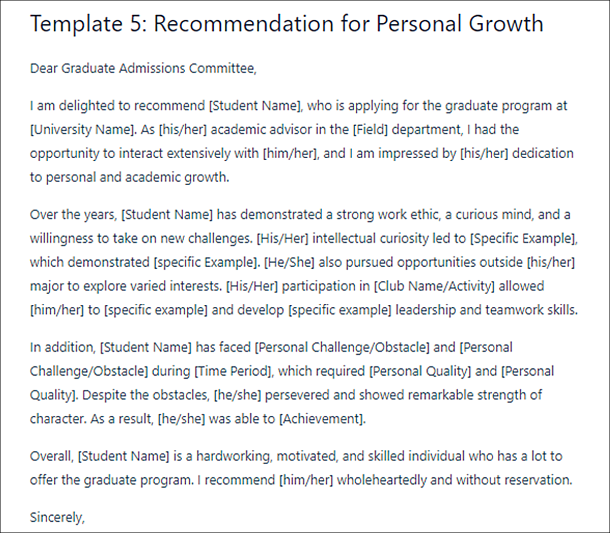 Letter of Recommendation Template for Graduate Program Applicants
