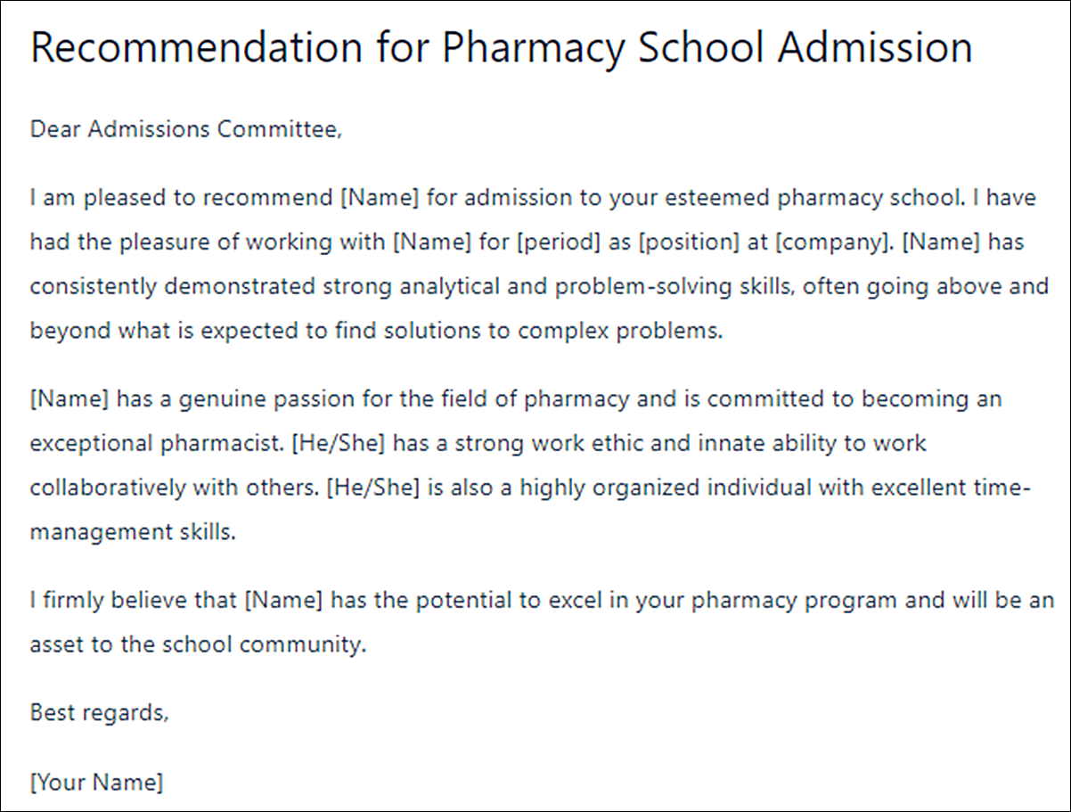 Letter of Recommendation Template for Pharmacy School Applications