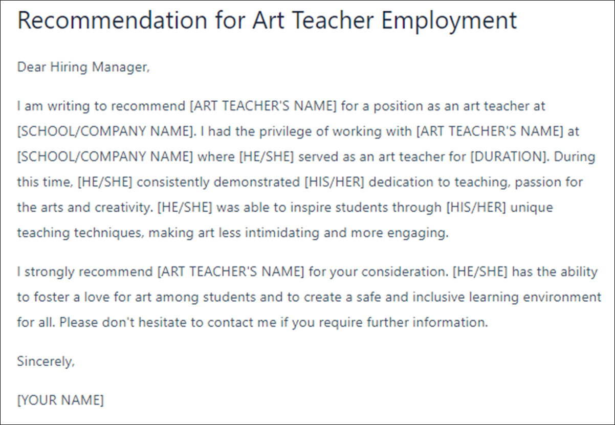 Letter of Recommendation Templates for Art Teachers