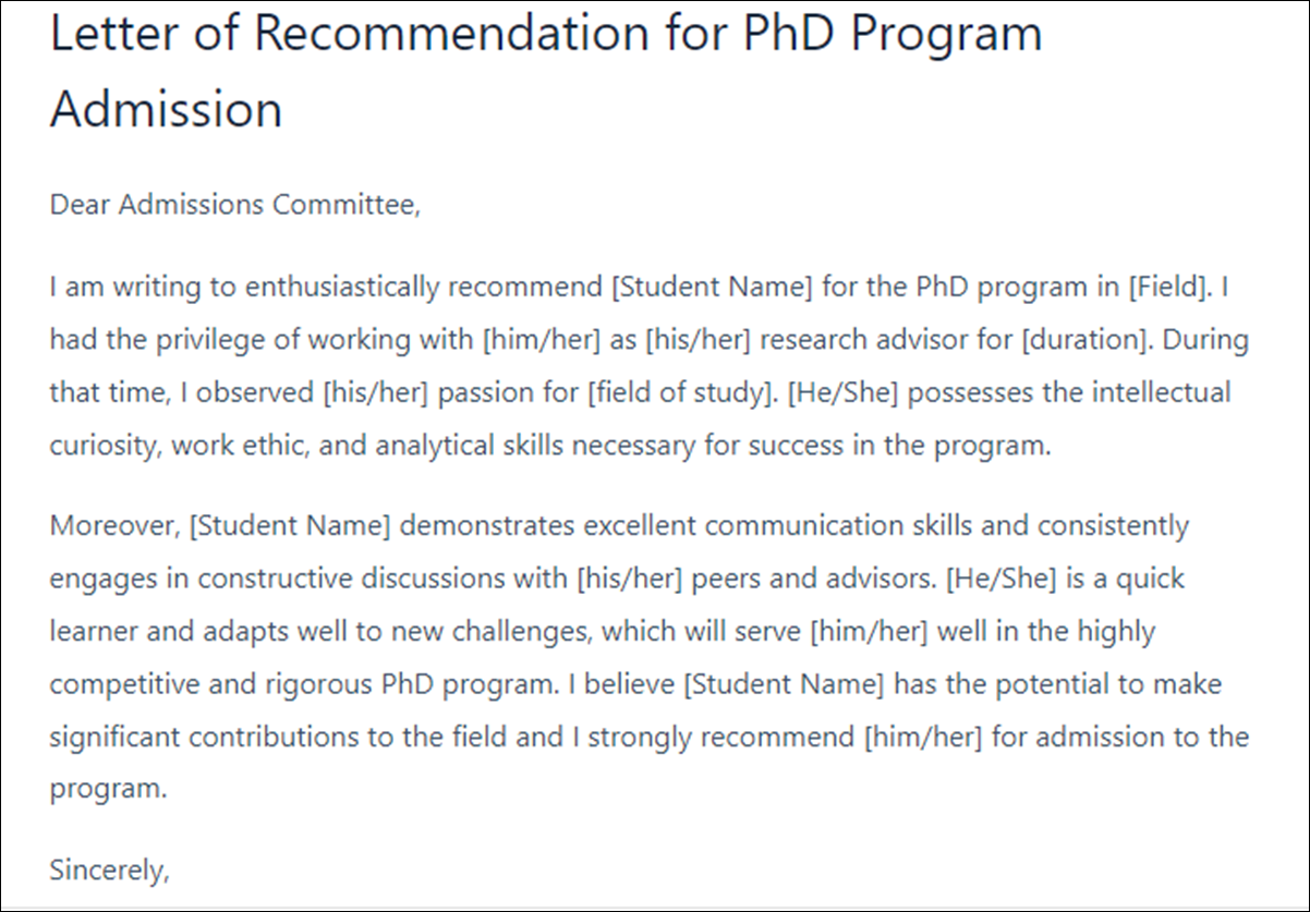Letter of Recommendation Templates for PhD Students