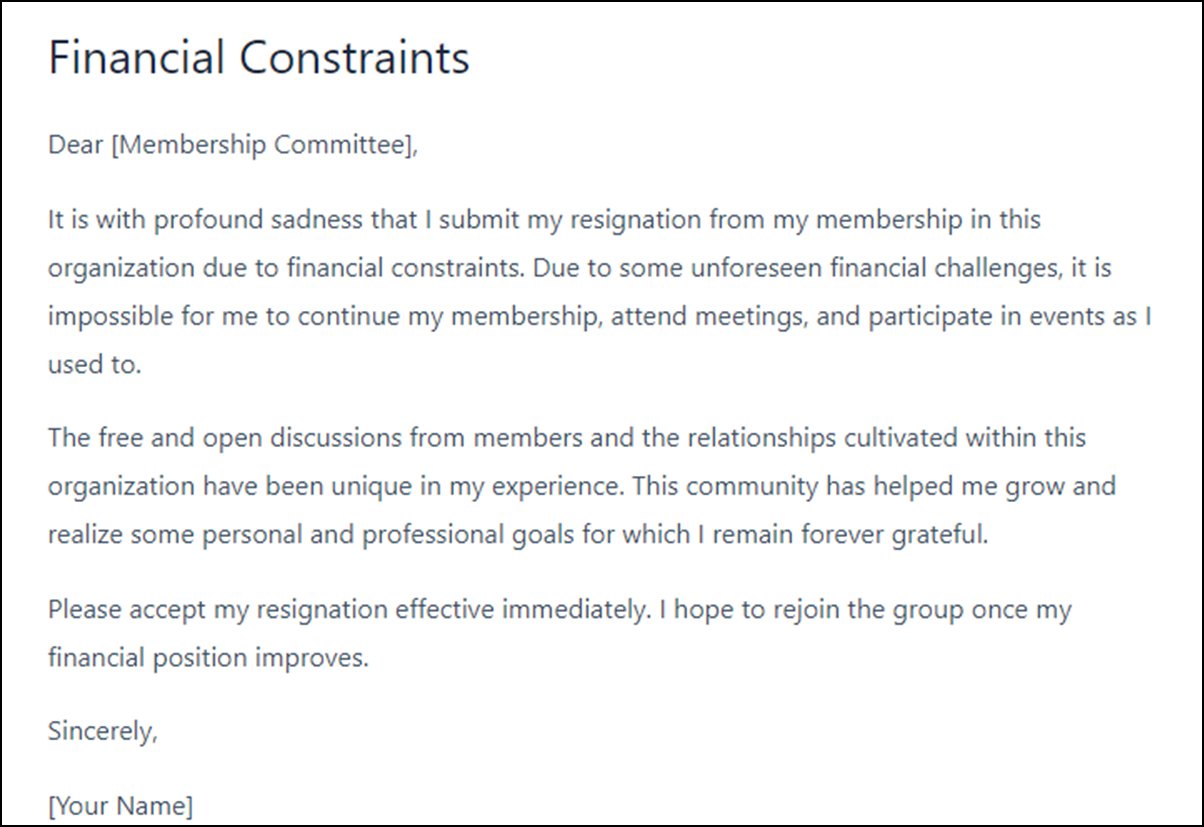 Membership Resignation Letter Template