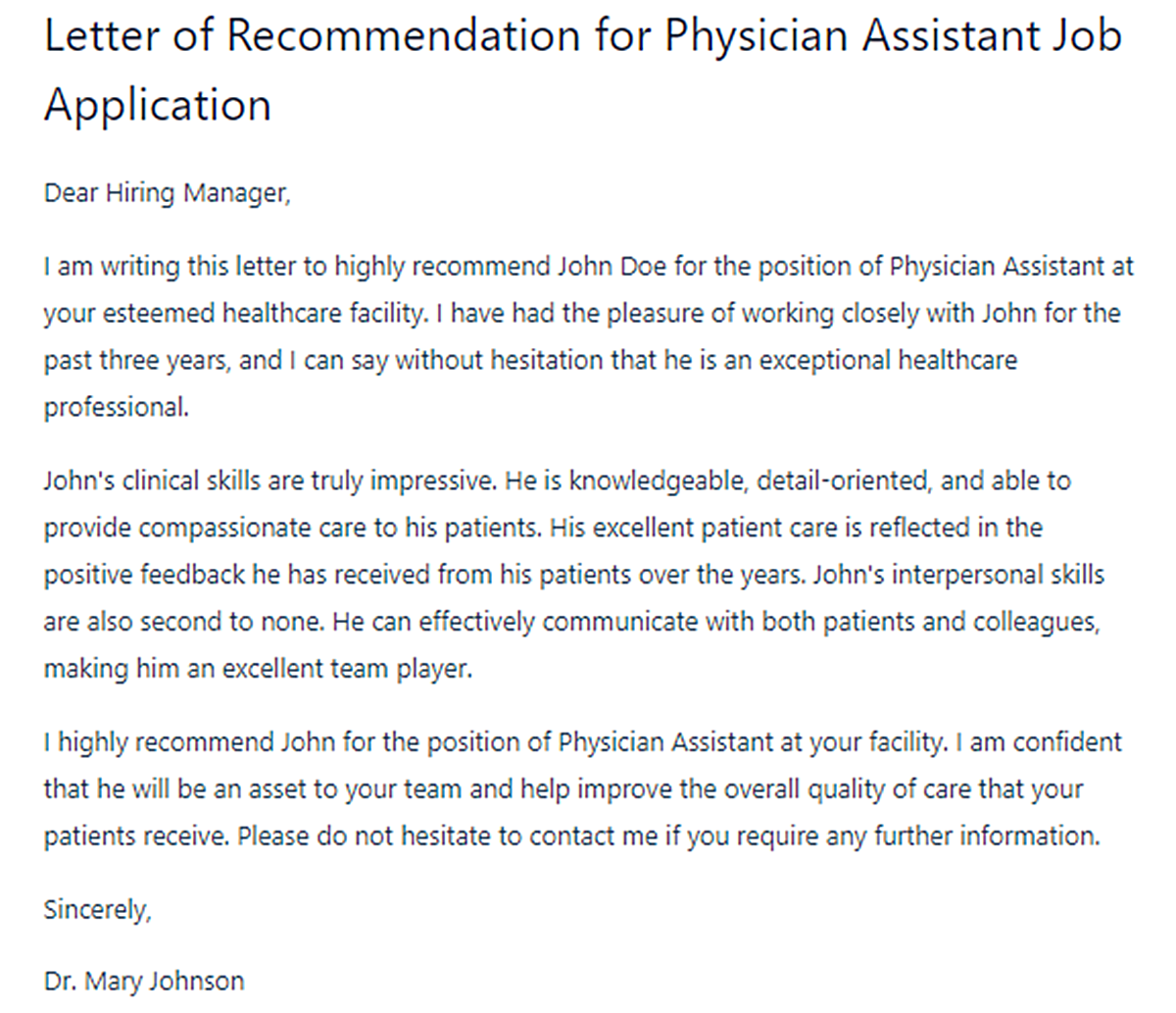 Physician Assistant Letter of Recommendation Templates