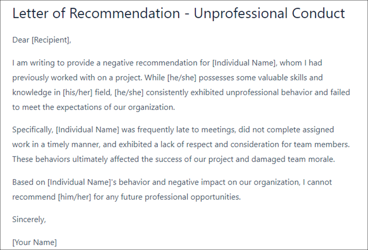 Professional Negative Letter of Recommendation Template