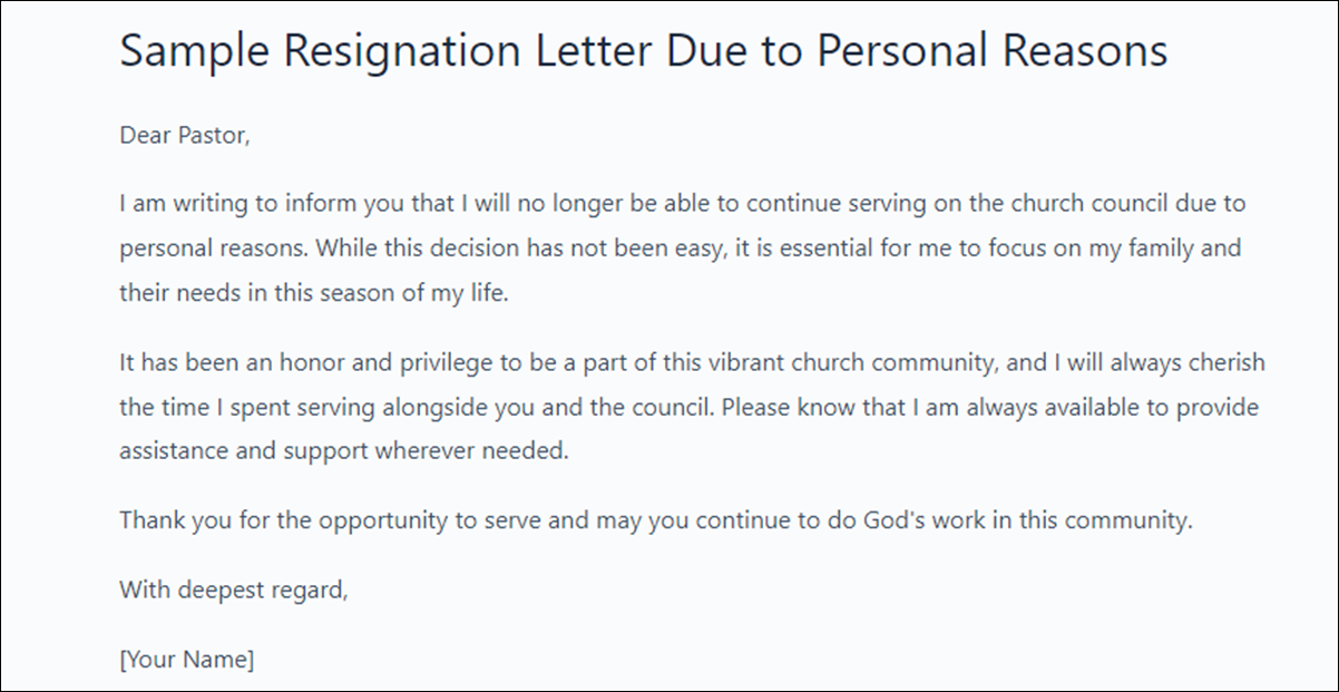 Resignation Letter Template for Church